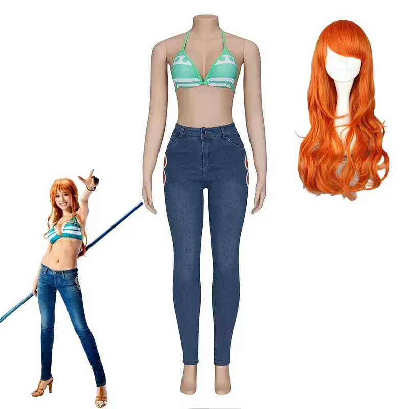 Аниме Нами Косплей Костюм Два года Аго Парик Зеленый Белый Полоса Купальники Джинсы Летний День Бикини Женский Сексуальный Карнавальный Костюм eo]5