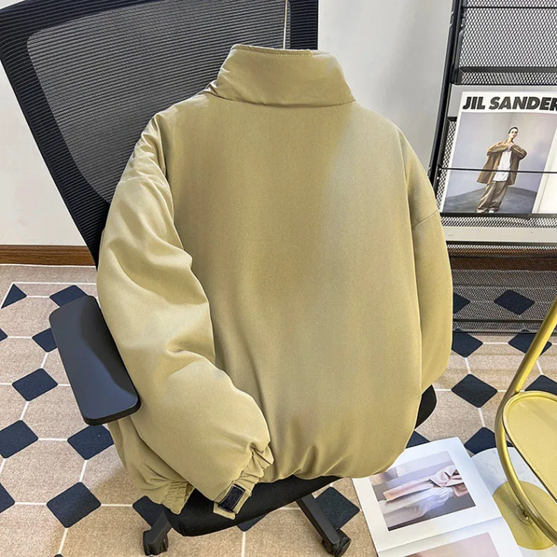 Winter Standing Collar Cotton Jacket For Men Solid Color Simple Splicing Thick Coat Korean Casual Fashion Loose Male Jackets