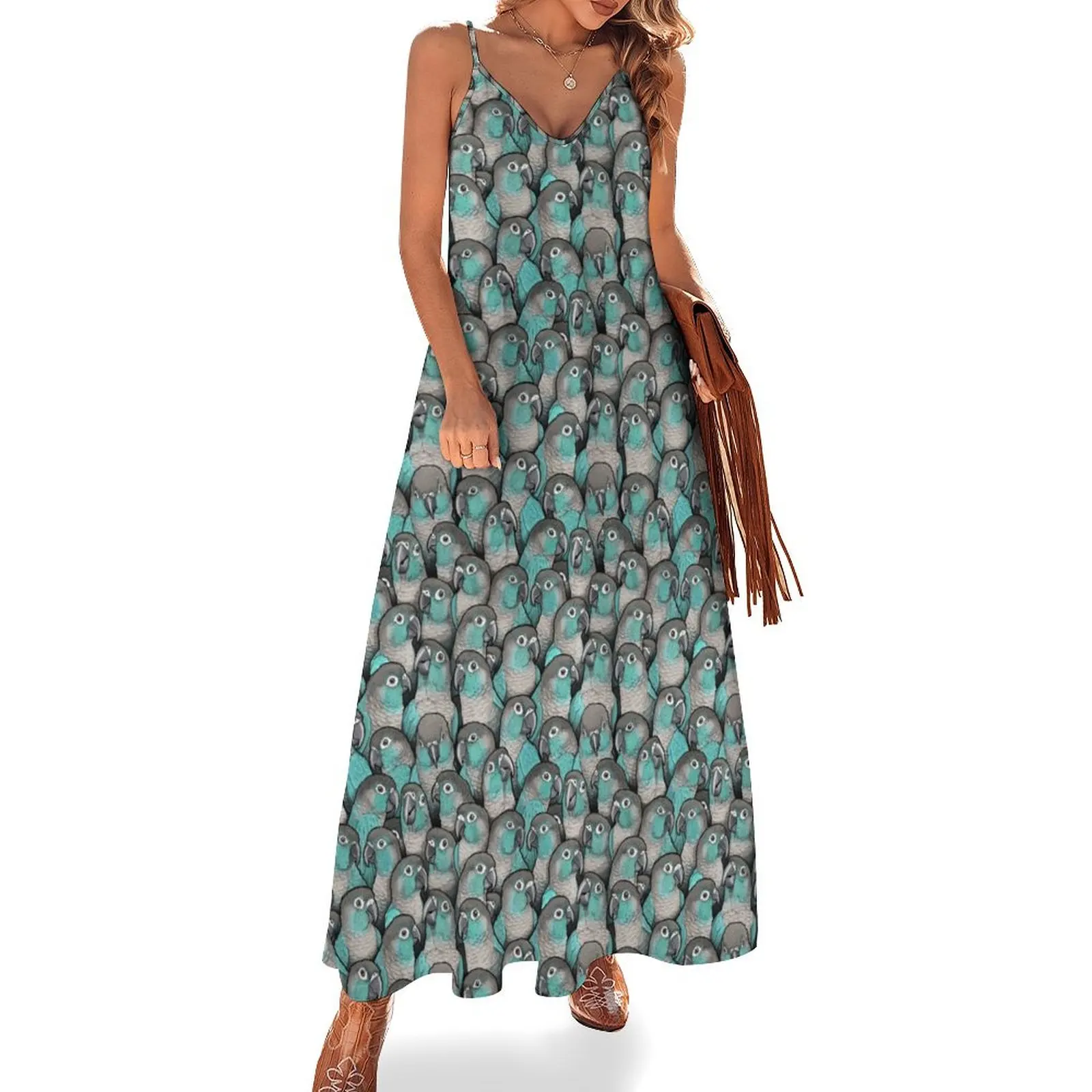 

Turquoise Green-Cheeked Conures Sleeveless Long Dress luxury woman party dress Women's summer dresses clothes for women Dress