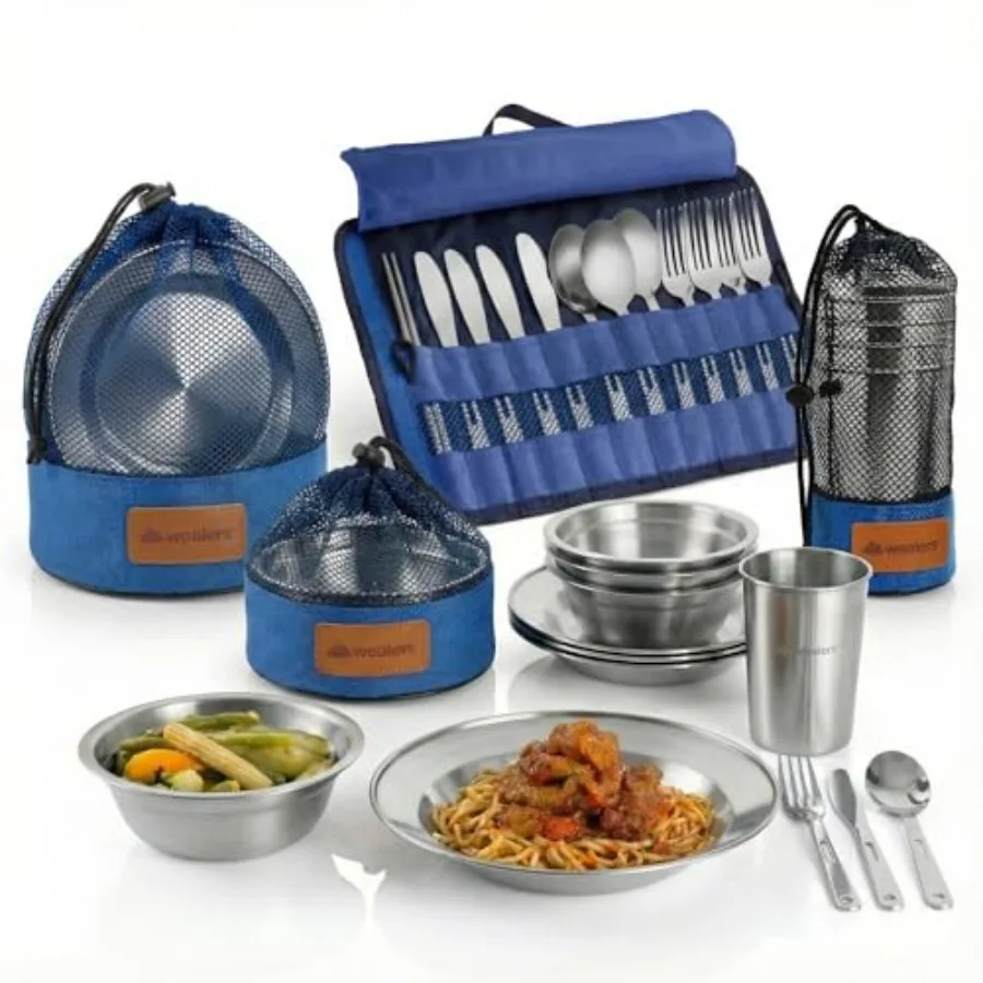 

Unique Complete Messware Kit Polished Stainless Steel Dishes Set Tableware Dinnerware Camping Buffet Includes - Cups Plates Bow