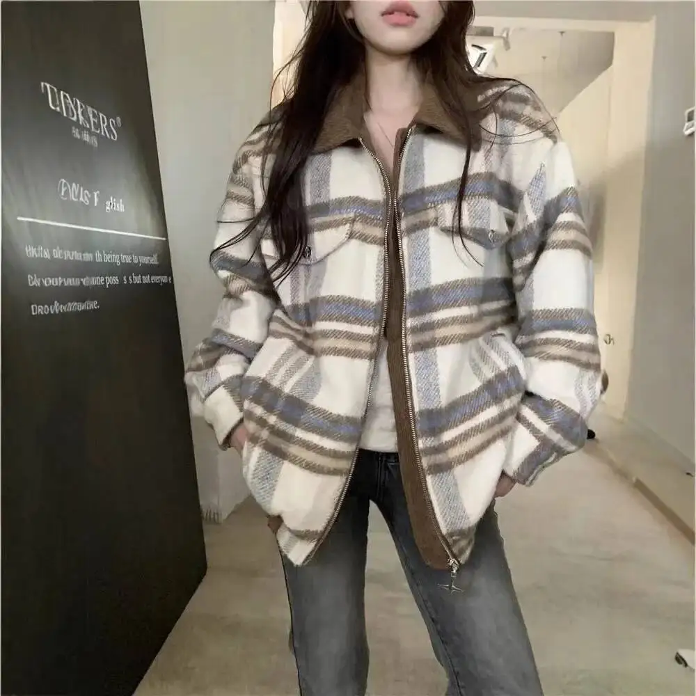 

European Style Plaid Woolen Suit Women's American Ins Trendy Autumn Winter Cotton Insert Jacket Flip Collar Full S