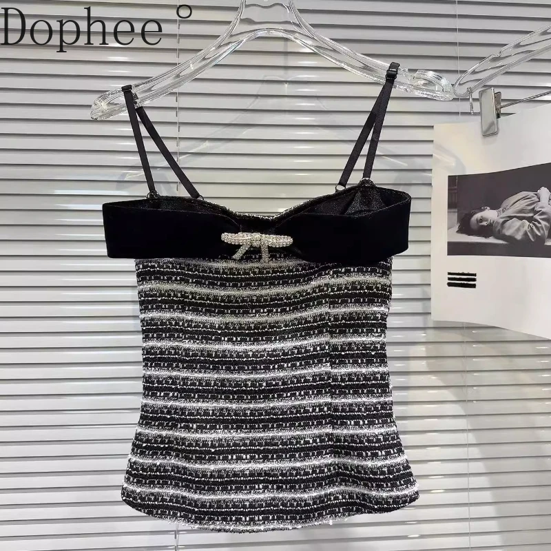 

Fashion Lady 2025 New Spring Elegant Camisole Velour Rhinestone Bow Stripes Sleevelss Basic Top All-match Women Tanks Tops