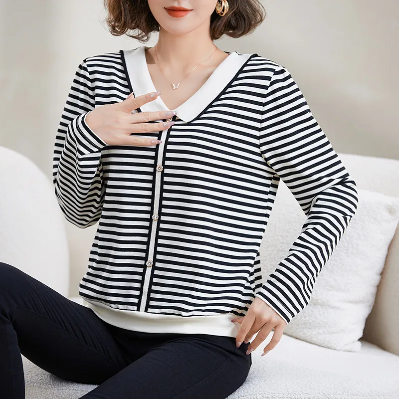Plus Size Women Peter Pan Collar Striped Long Sleeve T shirt Loose Hide Fat Casual Mom Tops For Spring Autumn
