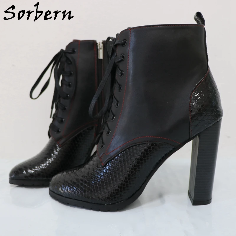 Sorbern Black Ankle Boots For Women Short Lace Up Fish Scale Shoes Winter Style Booties Chunky Heel Shoes Custom Color