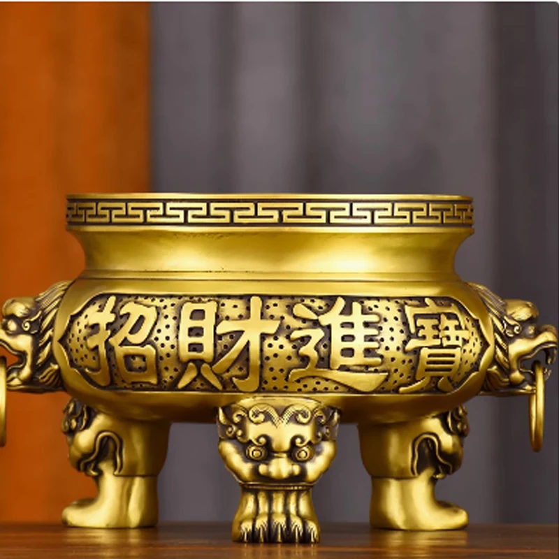 Pure brass incense burner, household incense lion ear stove, enshrined ornament, God of Wealth stove, three legged flat mouth