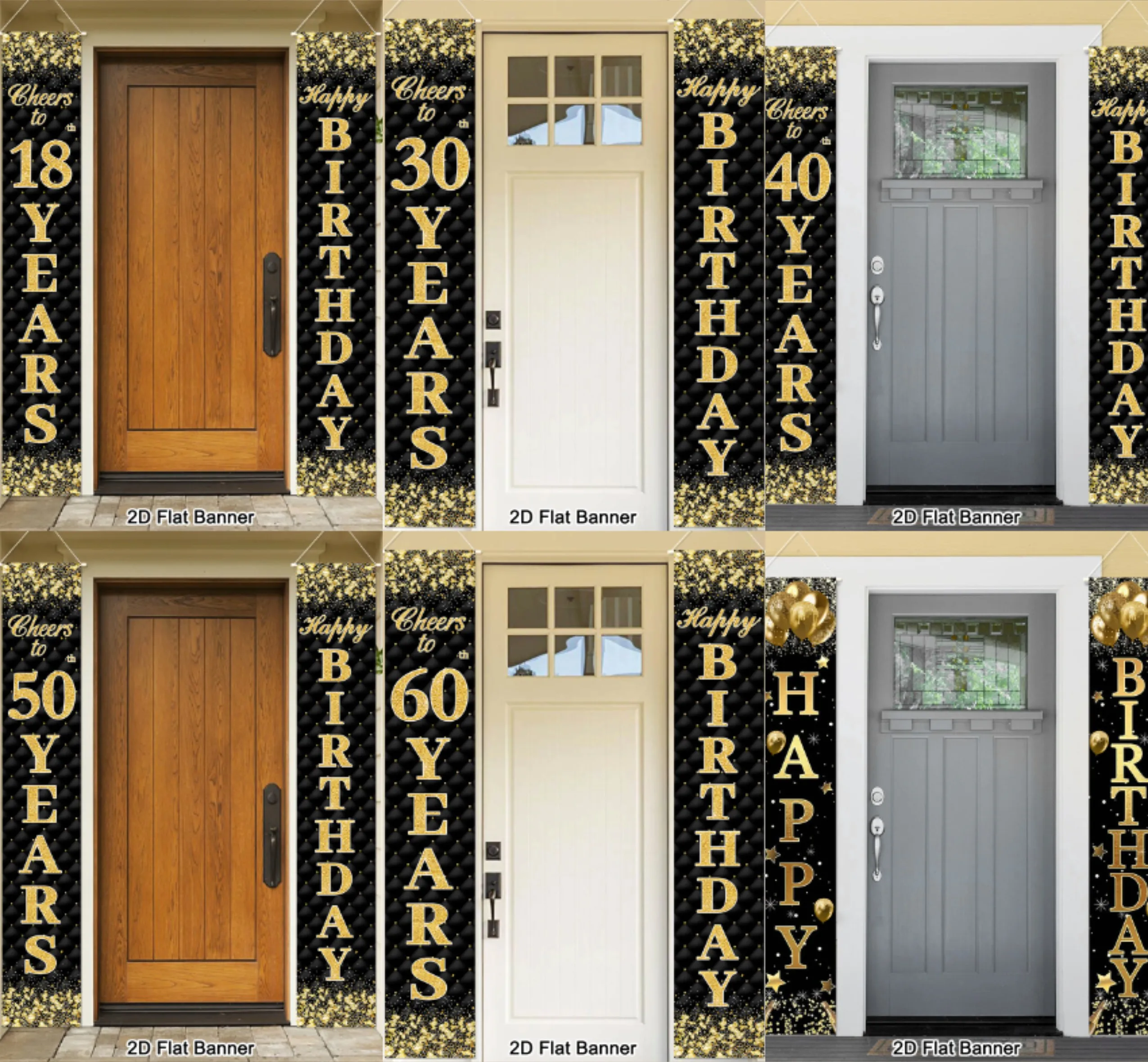 18/30/40/50/60th Black Gold Happy Birthday Door Banner Polyester Door Couplet Banner Birthday Decoration Set Party Supplies