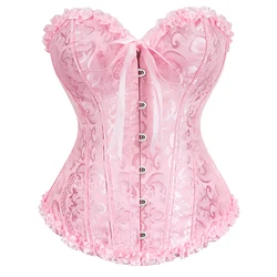 Jacquard Overbust Corset Lace Up Plastic Bones Elegant Waist Bustier Top Korset 10 Color Options