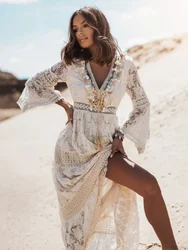 Long Dress Women Boho Lace Maxi Dress Summer Beach Holiday White Wedding Dresses Ladies Retro V Neck Sundress Ropa Mujer