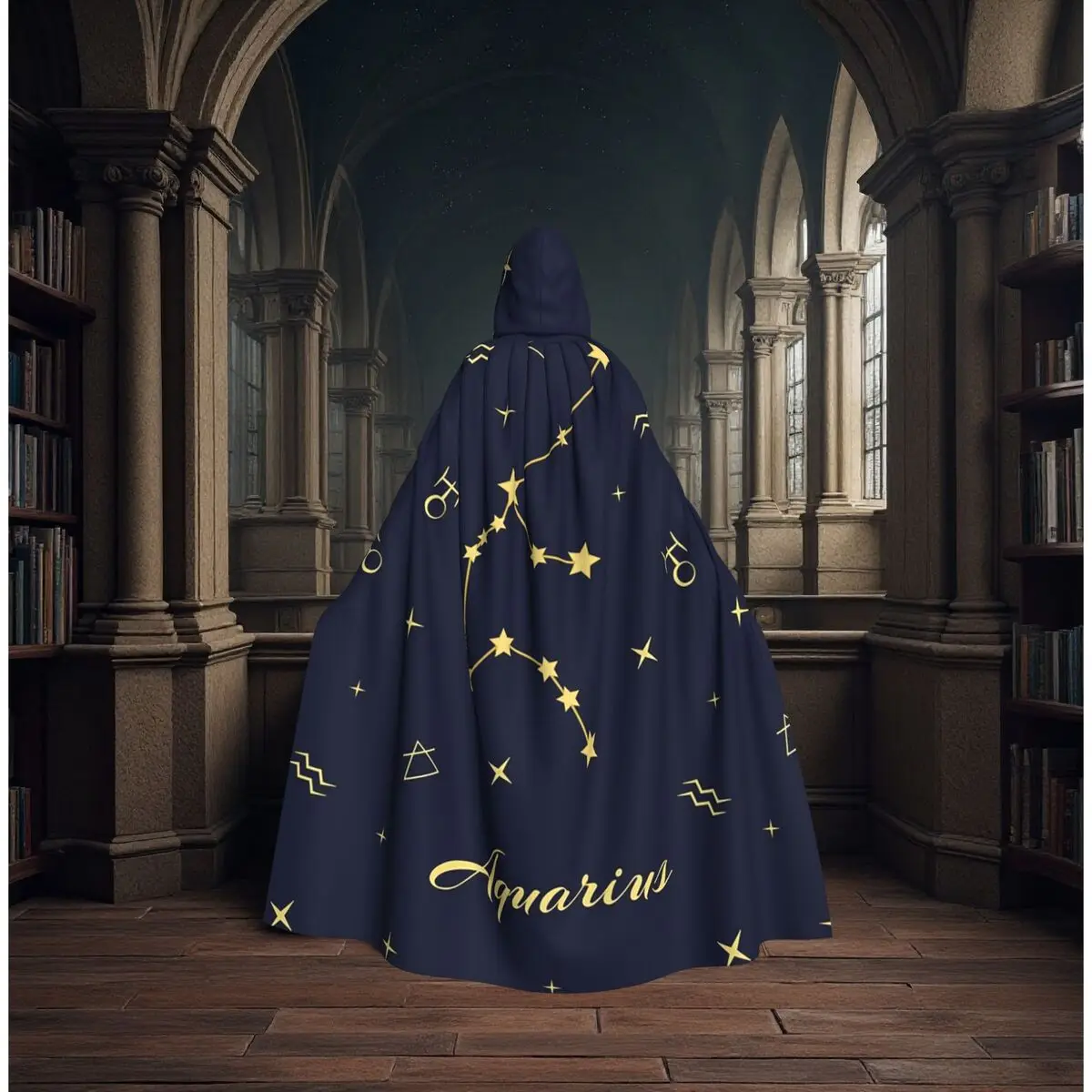 

Aquarius Night Astrological And Astronomical Pattern Long Hooded Cloak Witch Medieval Costume Cosplay Cape HalloweenVampire