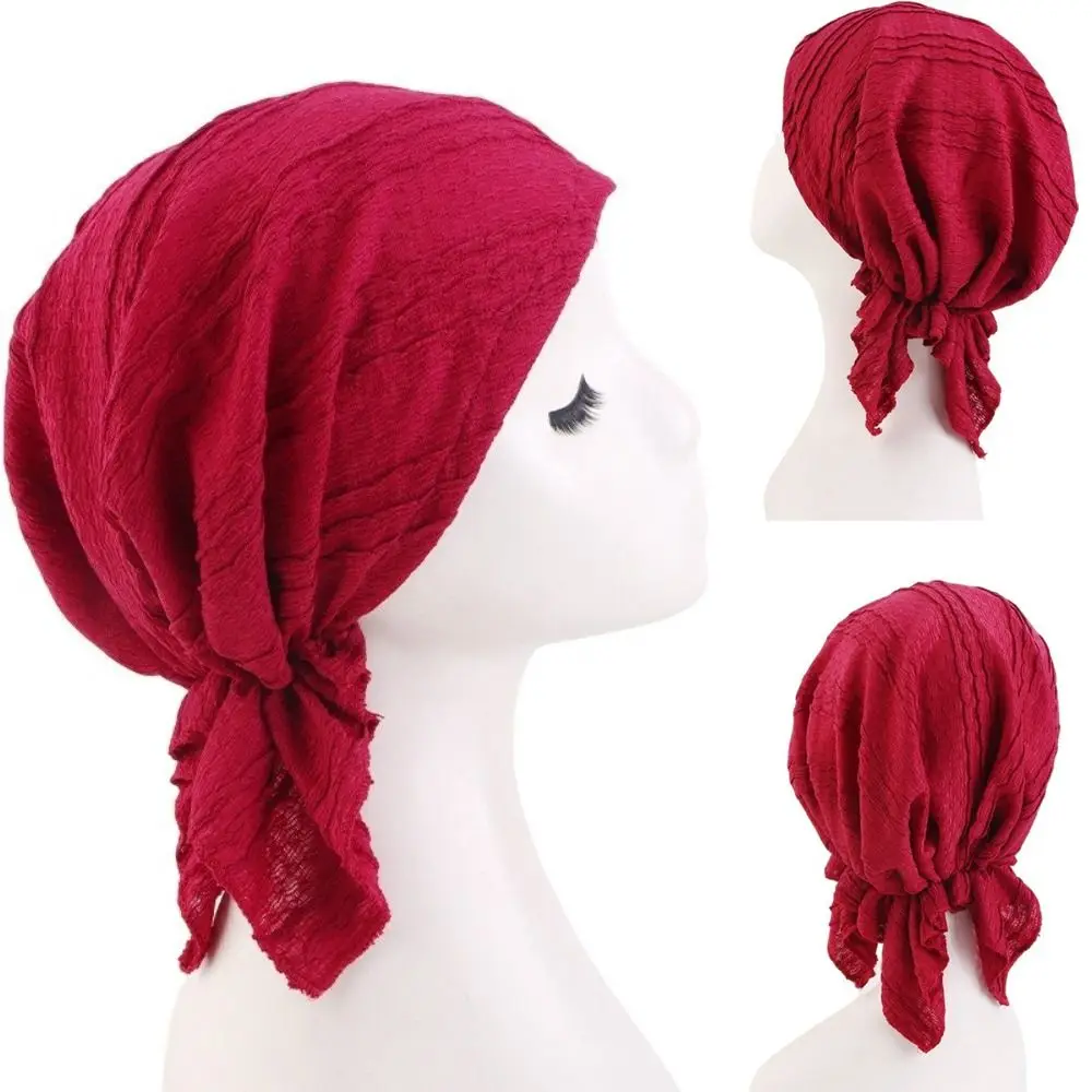 

New Cotton Crinkle Muslim Hijab Hats Solid Color Elastic Chemo Beanies Caps Triangle Turban Head Wrap Hair Protection