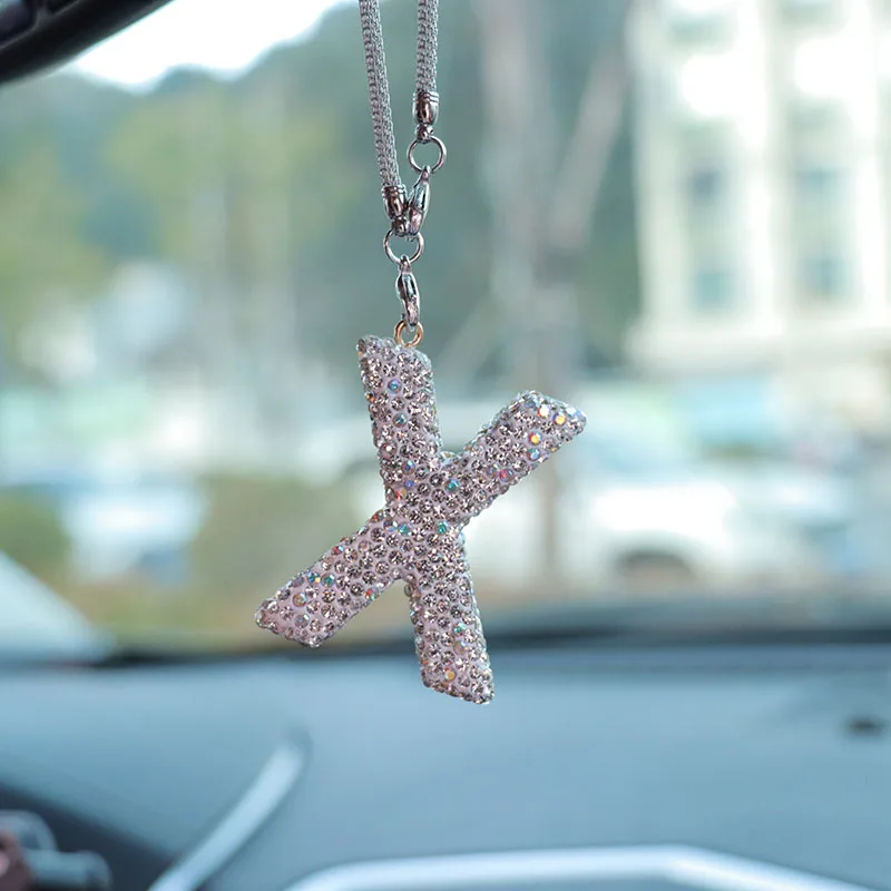 1Pc Rhinestone Letters Car Rearview Mirror Pendant Lucky Crystal Pendant Shiny Car Decoration Charm Pendant