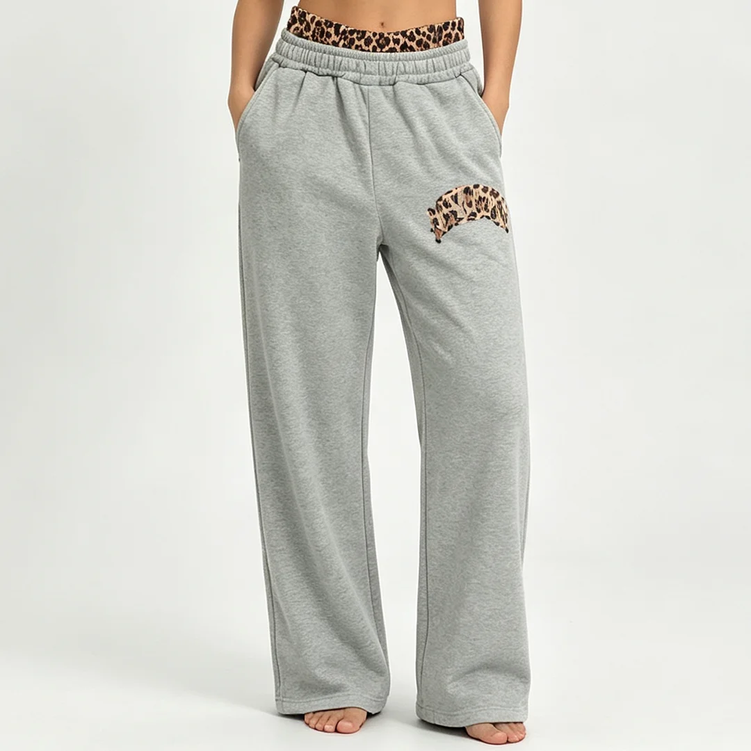 New Autumn And Winter Leopard Print Waistband Wide Leg Sports Pants For Women, Retro Letter Printed Loose Street Pants
