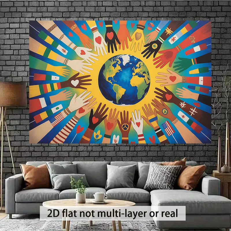 Tapisserie multicolore Unité et Diversité, Art mural Symbole Terre Mains Paix pour la décoration de la maison, du bureau et des salles de fête, toutes saisons
