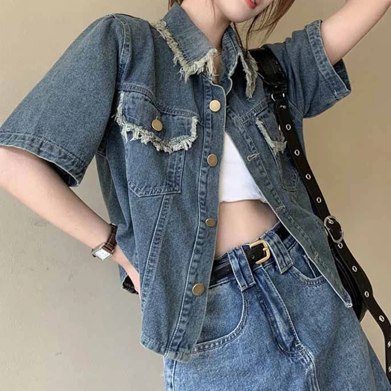 2024 Coat Spring New Retro Fur Edge Short denim shirt Short coat Loose jacket Top  jackets for women