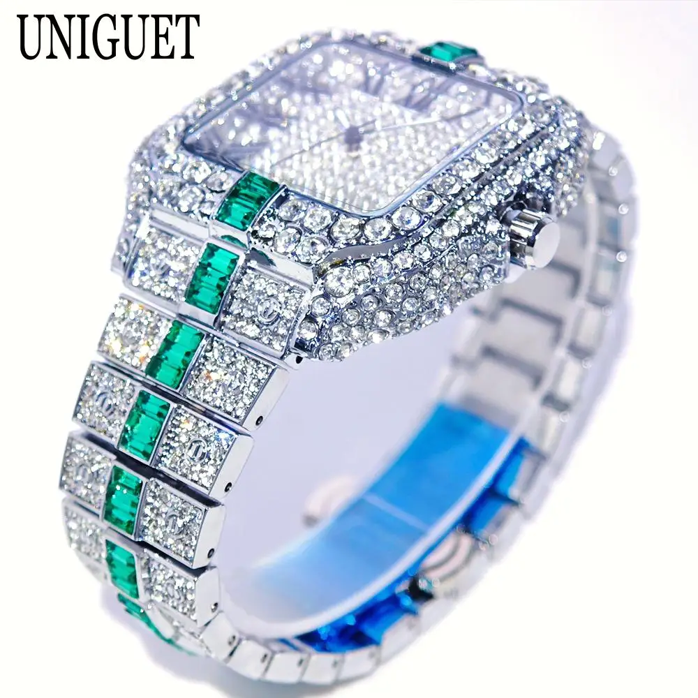 حار الأزياء الأخضر الجليد ووتش الرجال العلامة التجارية UNIGUET الهيب هوب كامل الماس ساعات كوارتز الفاخرة الرومانية الحرفية AAA مربع ساعة اليد رجل