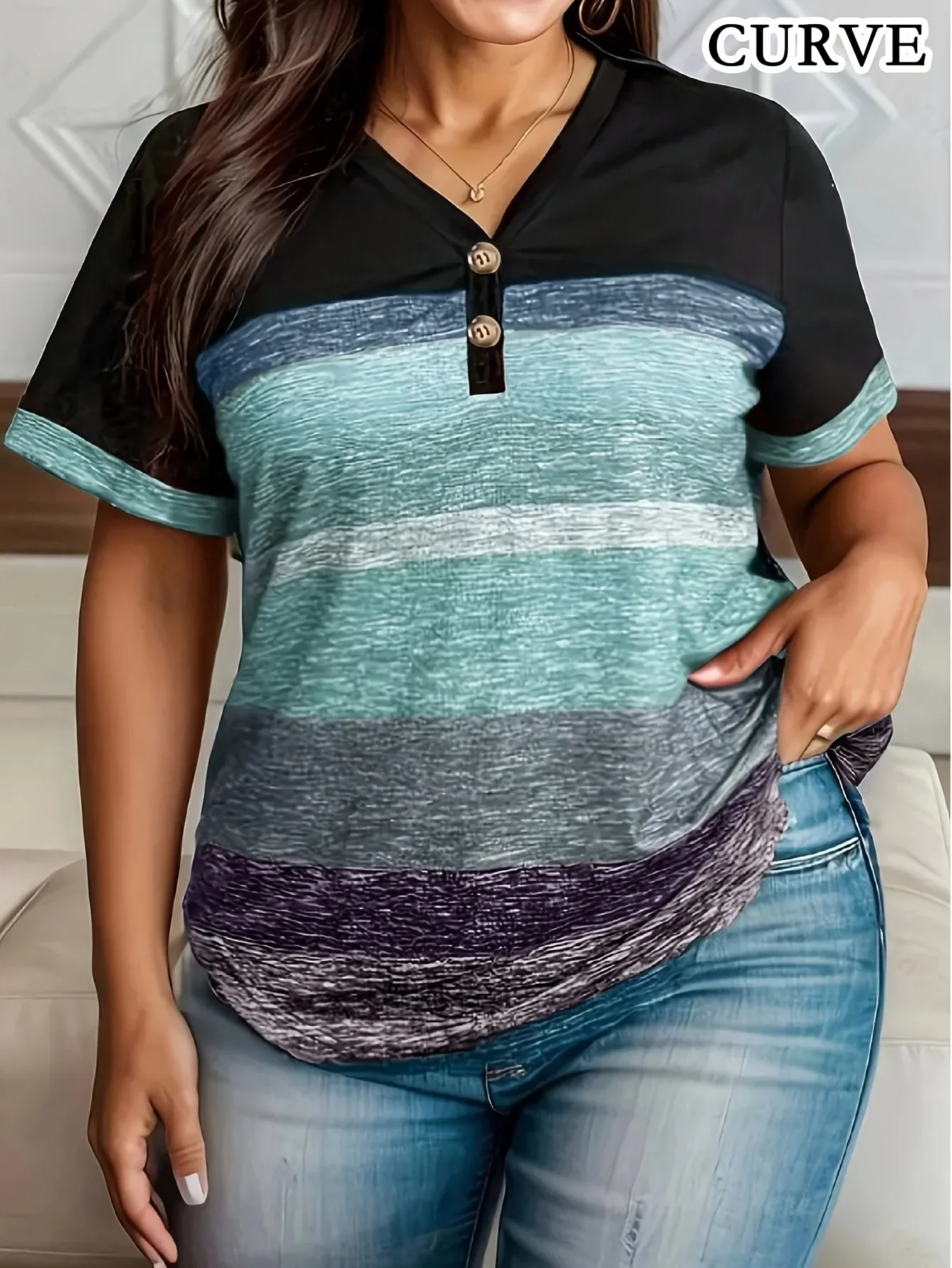 Camiseta estampada a la moda para mujer de talla grande 1XL-5XL, camisetas informales de manga corta a rayas contrastantes para mujer