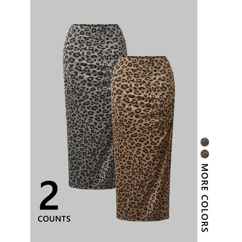 

Leopard Print Long Dress Slit Design Cross-Border Style Women's Skirt Half-length A-Line Silhouette Spring Season Neutral Fit