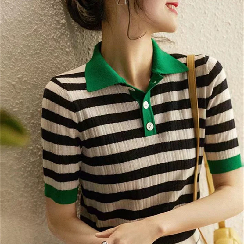 

all-match Summer ice knit short POLO collar cotton thread half sleeve loose T-shirt femininity thin slimming top