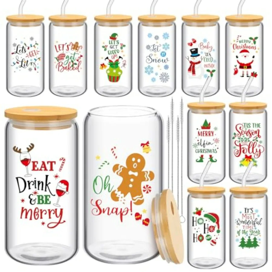 

12 шт. рождественские стаканы, чашки с бамбуковыми крышками и соломинками, 16 унций, забавные рождественские стаканы для питья для кофе со льдом, рождественские подарки, банка