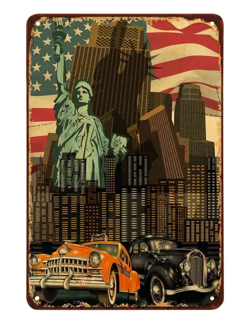 AOYEGO New York City Taxi Car Tin Sign,America Flag Auto Skyscraper Travel Freedom Statue of Liberty Vintage Metal Tin Signs for