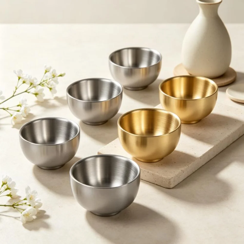 5 Pack Stainless Steel Double Wall Shot Cups for Sake Spirits Serving Modern Minimalist Style 6cm x 3cm x 3.5cm