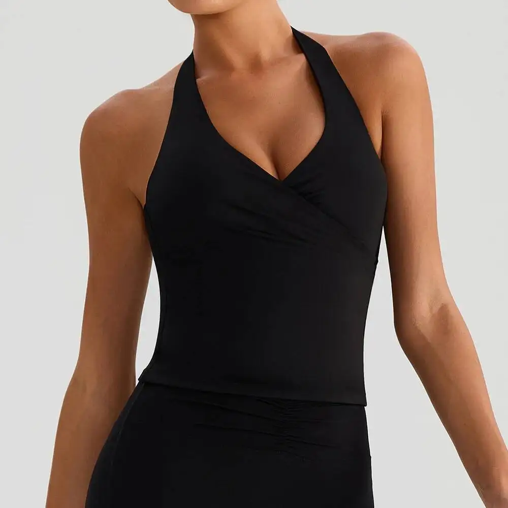 Top damski bez pleców z dekoltem w serek, wiązany na szyi, do jogi, z wkładkami push-up, bezszwowy, wyszczuplający, bez pleców, kamizelka do noszenia na zewnątrz.