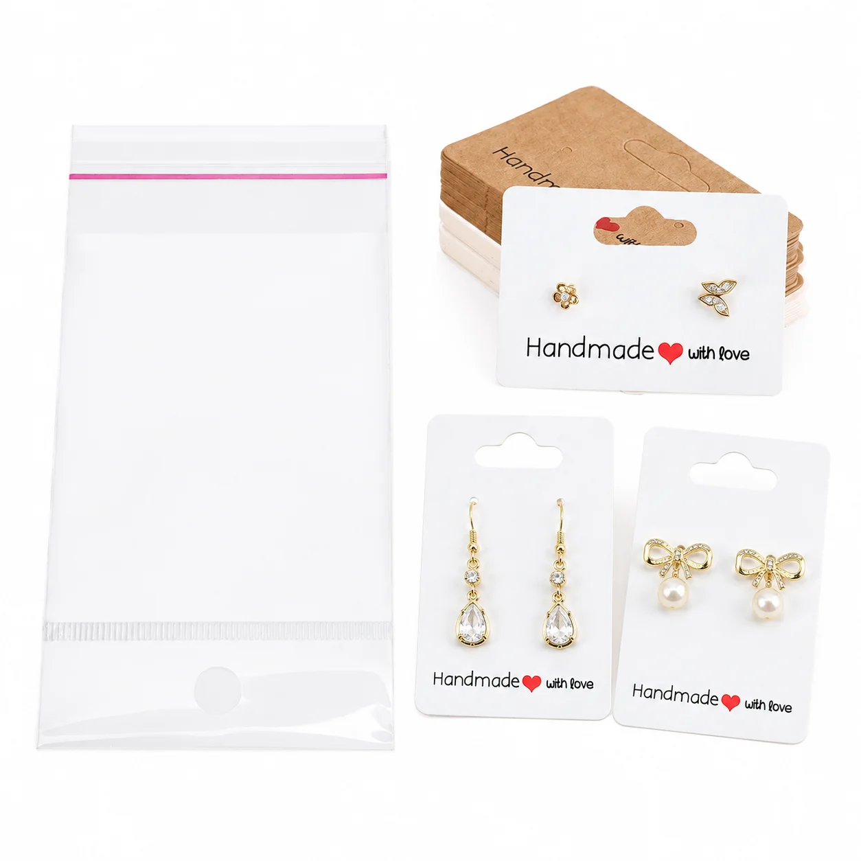 100 Stück Ohrringe Kraftpapierkarten und selbstklebende Beutel-Set mit transparenten OPP-Aufbewahrungsbeuteln zum Präsentieren von Ohrringen und Schmuck – Detail 6