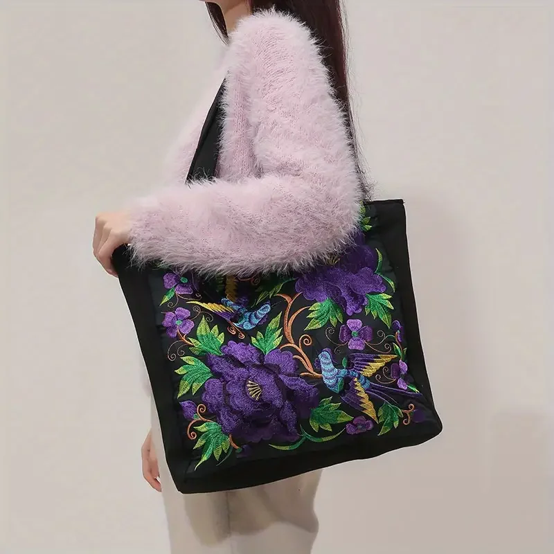 Ethnic Style Flower Embroidery Canvas Tote Shoulder Bag Large Capacity Handbag For Women