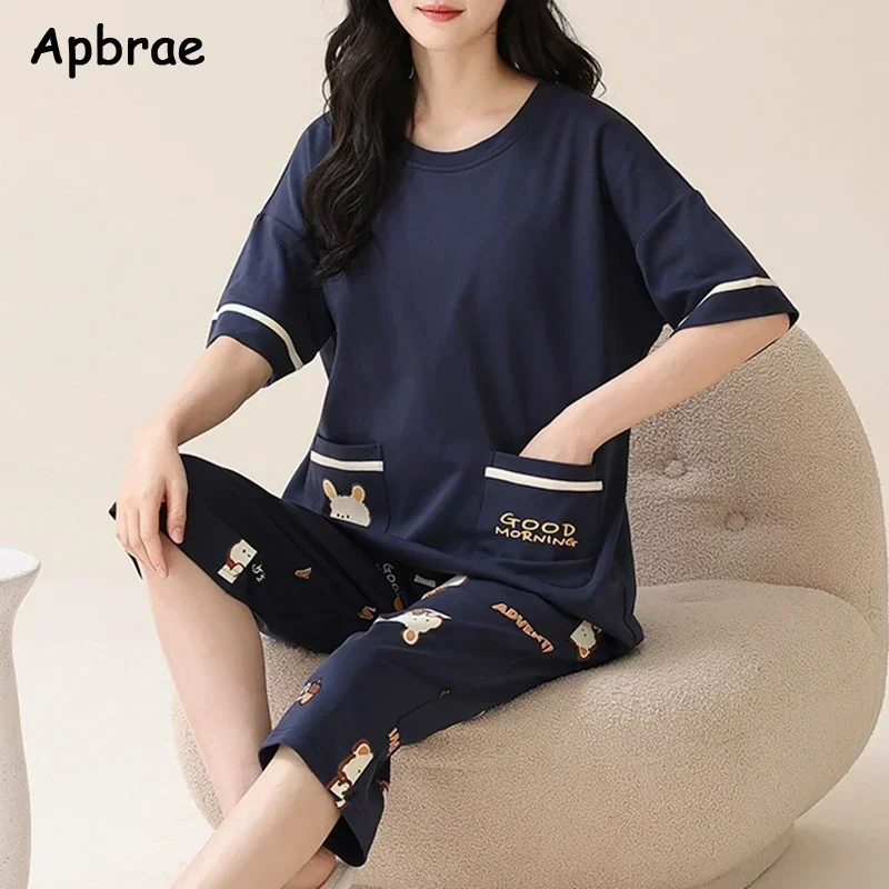 Verão capris pijamas para mulher plus size 5xl mulher causal conjuntos de pijama dos desenhos animados lapela pijamas bonito menina algodão macio pijamas