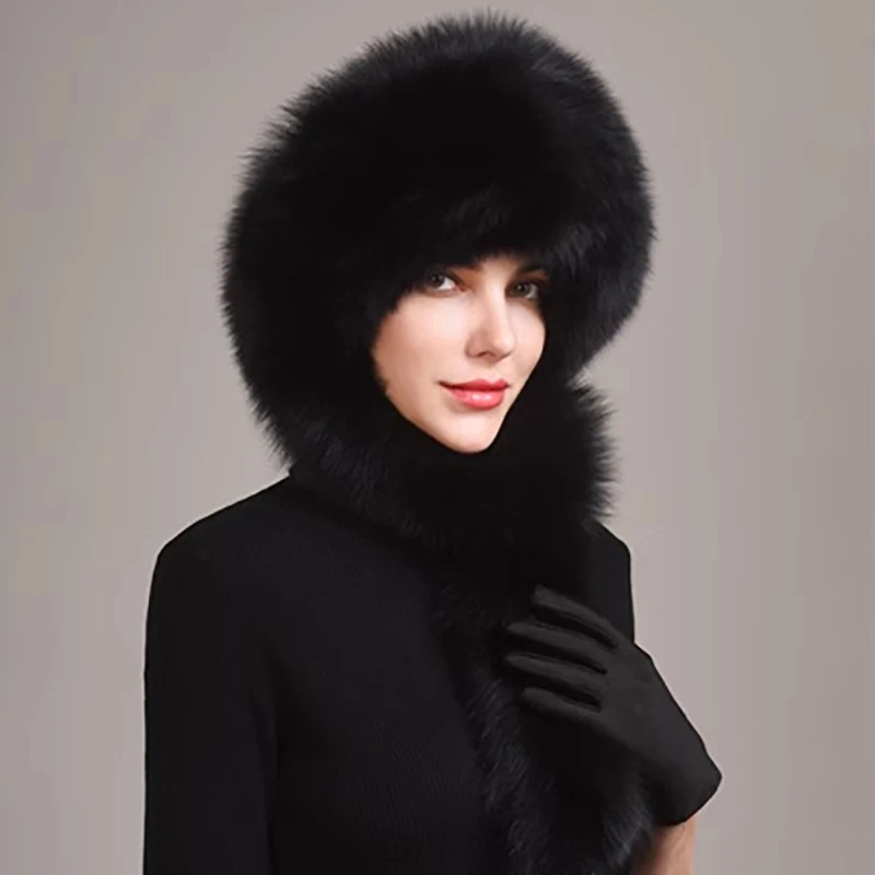 Women\'s Real Fox Fur Hat Scarf Mongolian Bomber Hat Ladies Winter Warm Fox Fur Earflap Caps Russia Winter Real Fur Hat