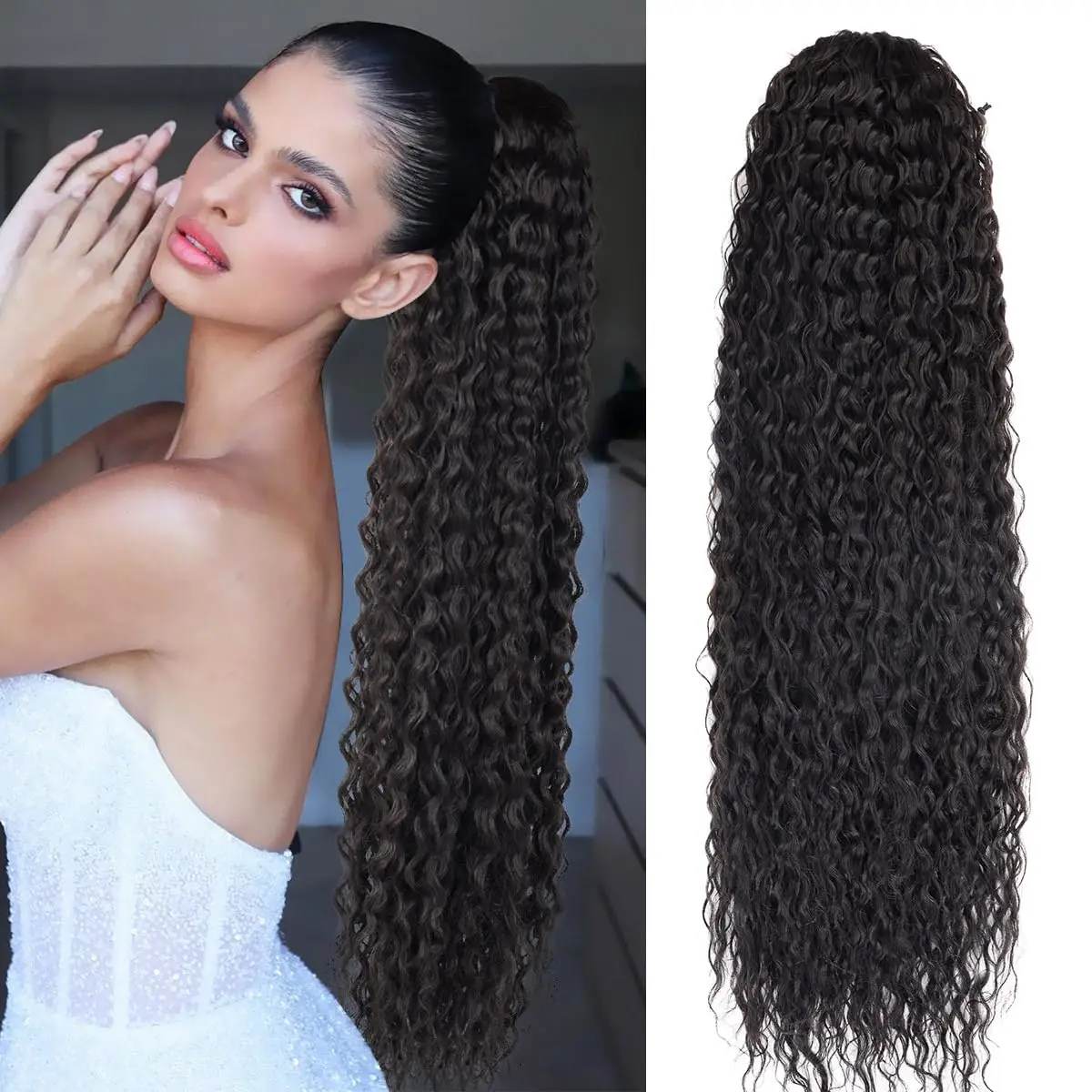 Synthetic Long Curly Ponytail Hair Extensions For Black Women Drawstring Ponytail Hair Extension Natural Water Curls Ponytail