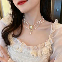Elegant White Pearl Heart Necklace Vintage Pearl Choker Necklace For Women Multi-Layer Bowknot Pendant Wedding Necklace Jewelry