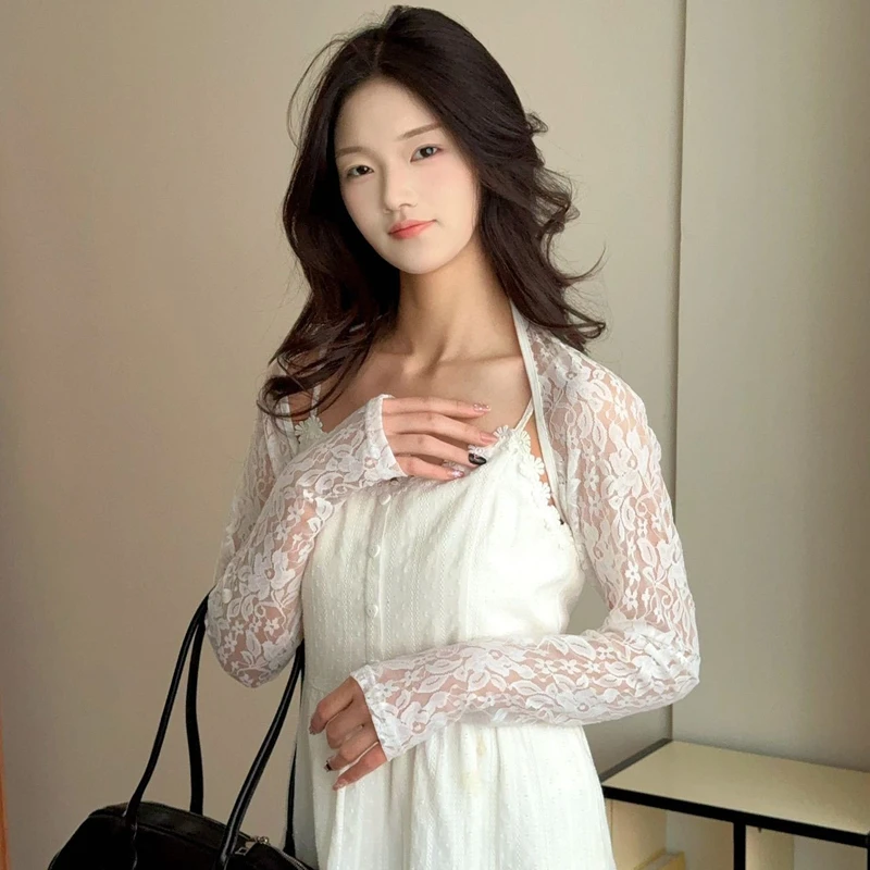 

Summer Fashion Floral Lace Shrug Elegant Long Arm Sleeves Breathable Large Elastic Sheer Shawl Top