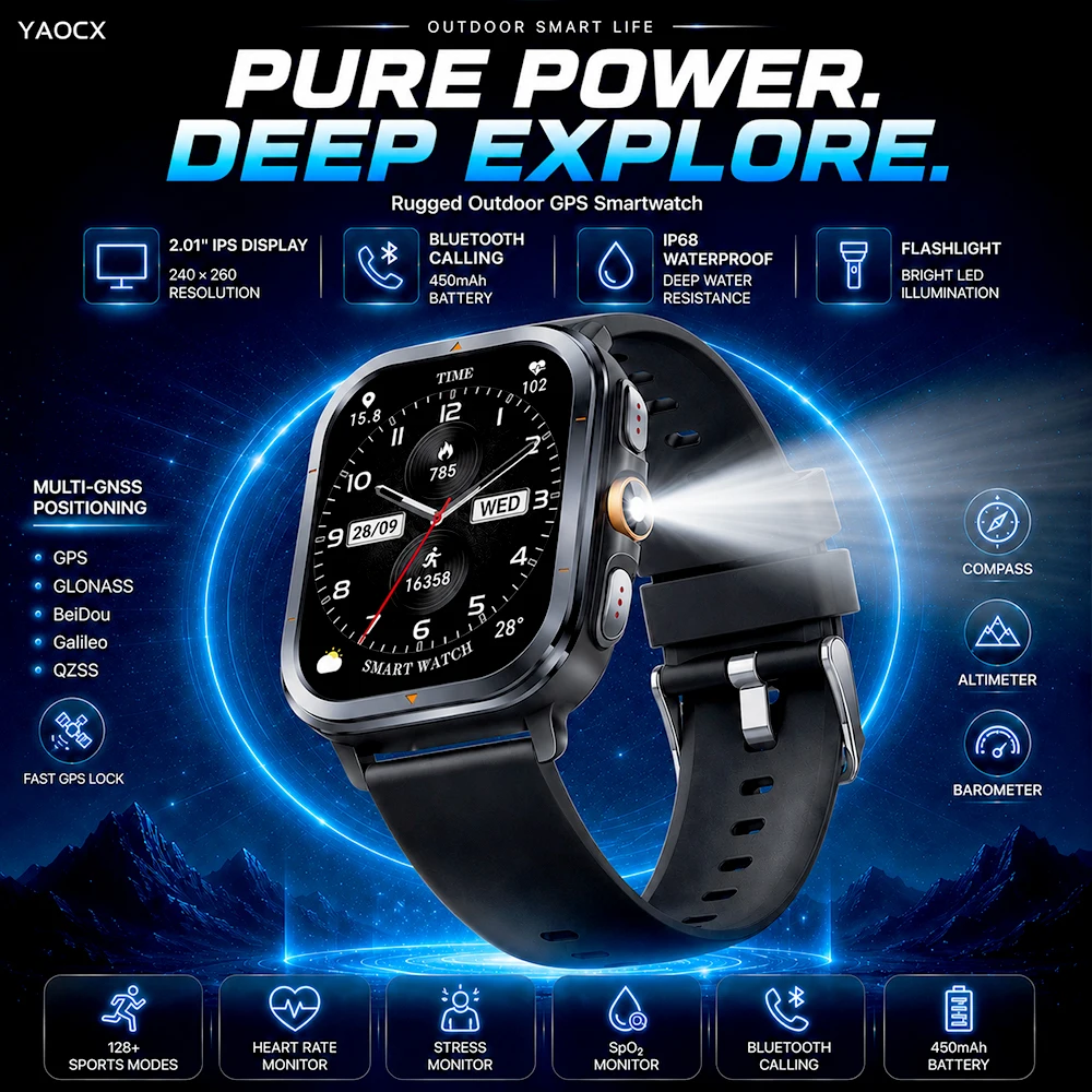 2.01 Inch Smart Watch Multi-GNSS GPS Bluetooth Calling IP68 Waterproof Flashlight Compass Altimeter Barometer Heart Rate SpO2