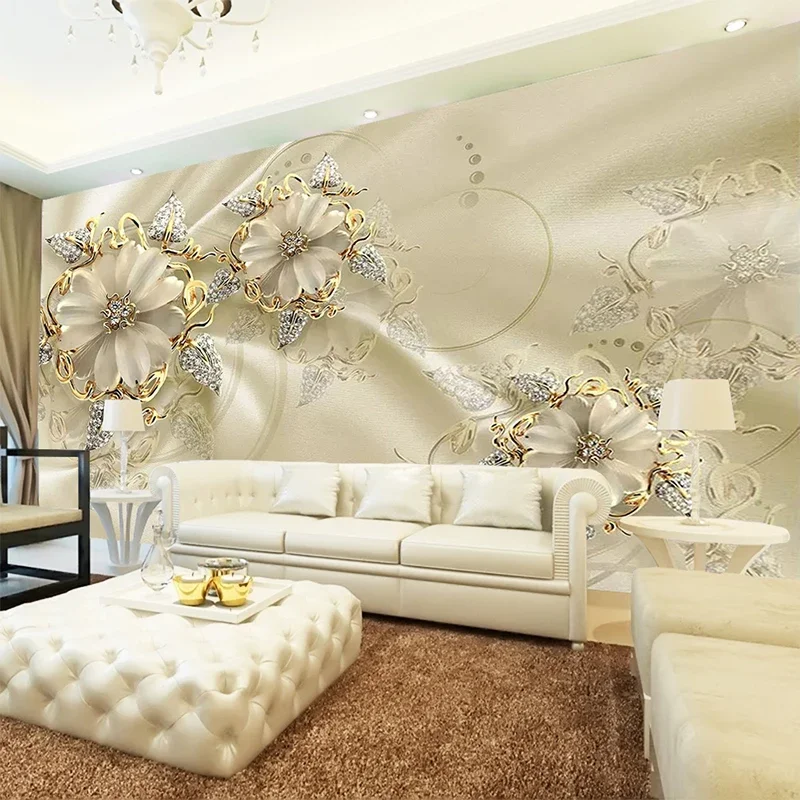 Kustom 3D Lukisan Dinding Wallpaper Eropa Diamond Perhiasan Emas Bunga Latar Belakang Dekorasi Lukisan Dinding Seni Modern Lukisan Dinding Ruang Tamu