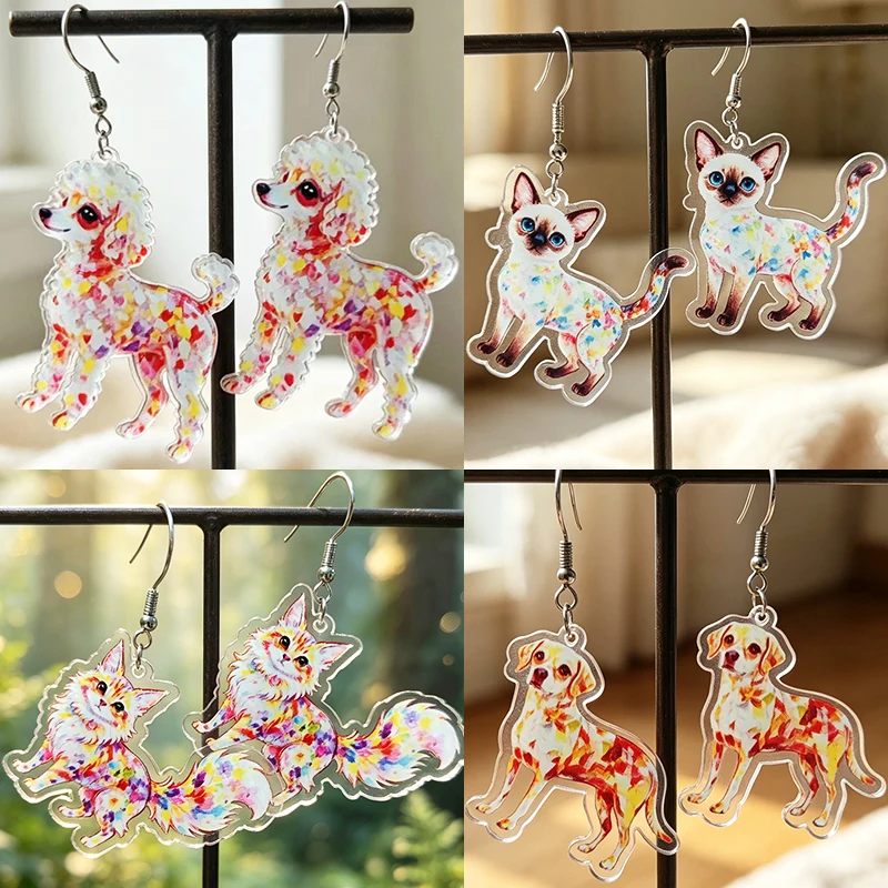 Colorful Watercolor Acrylic Earrings Poodle Dog Siamese Cat Fluffy Fox Labrador Retriever Pattern Earrings Pet Enthusiasts Gift