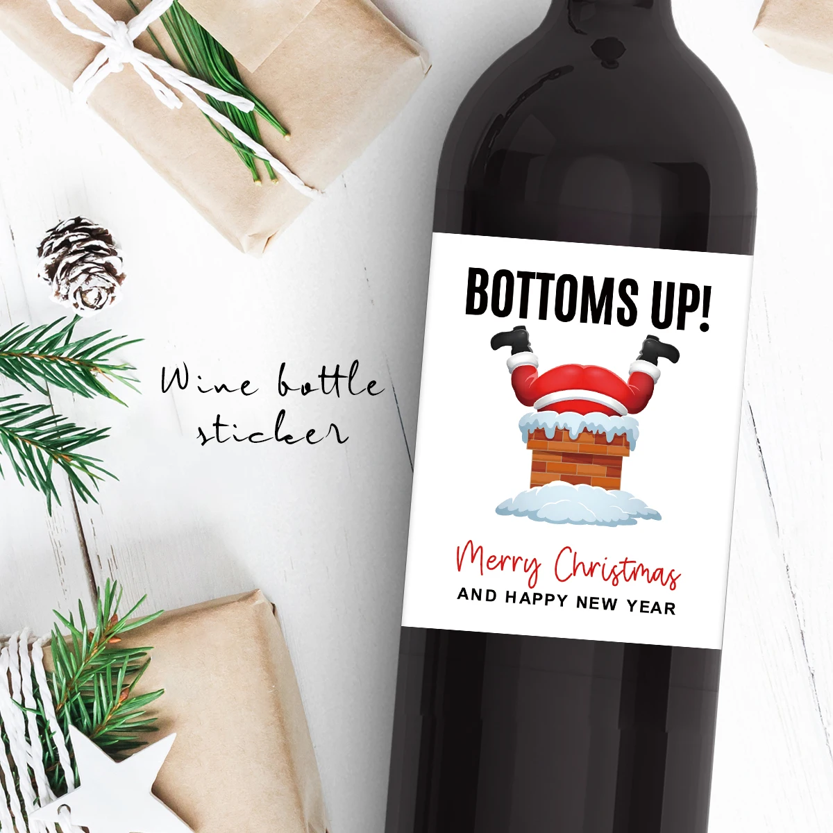 6pcs Merry Christmas & Happy New Year Wine Bottle Labels,Festive Bottoms Up! Funny Santa Claus Self-Adhesive Vinyl Wine Stickers