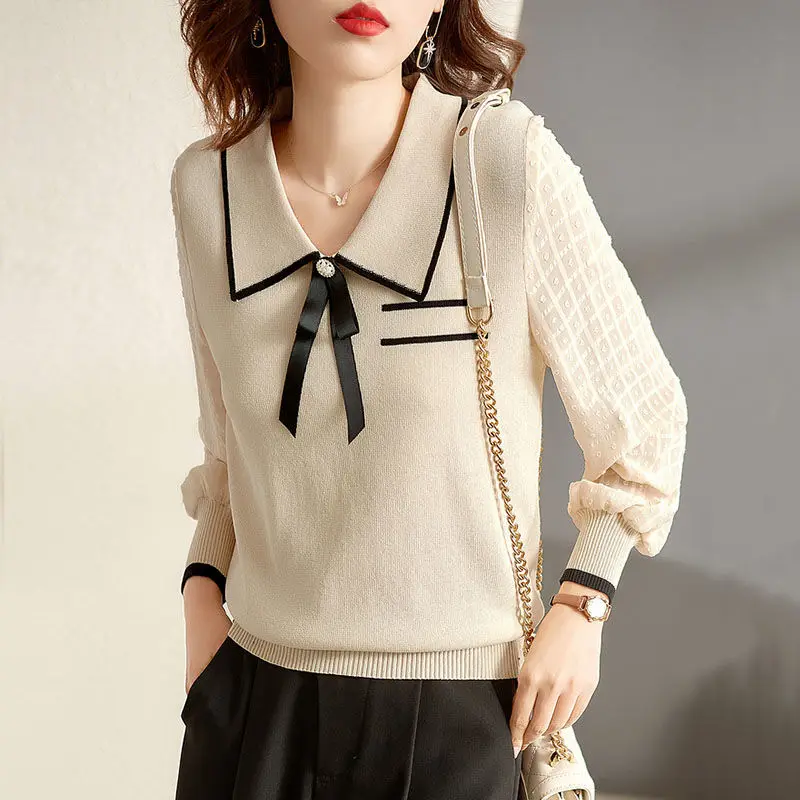 

Autumn Office Lady Chic New Elegant Young Style Preppy Style Chic Shirt Women Long Sleeve Peter Pan Collar Bow Loose Casual Top