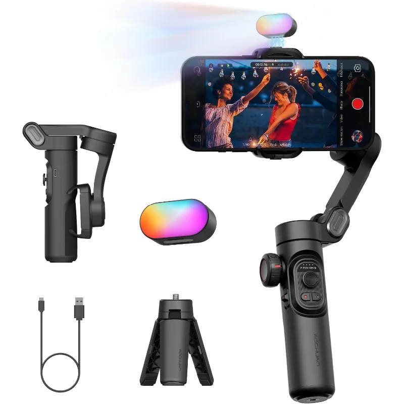 3-Axis Gimbal Stabilizer for Smartphone, Gimbal w/RGB Magnetic Fill Light Upgraded Face Tracking Focus Wheel Foldable iPhone