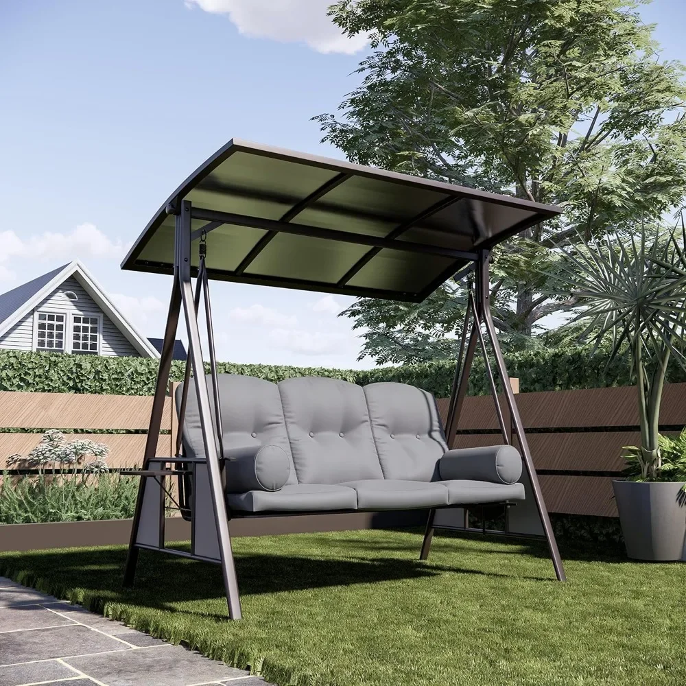 

Outdoor Patio Porch 3-seat Swing with Adjustable PVC Canopy, Swing Chair Bench with Side Cup Holder