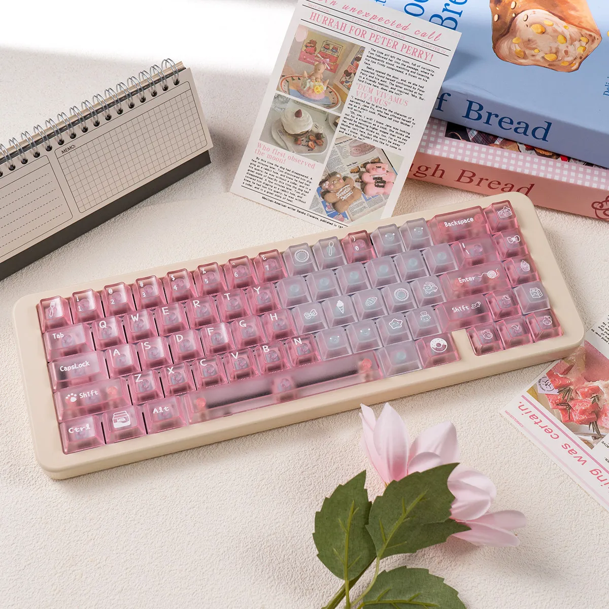 URE Meow Dessert Shop Keycaps Cherry Profile Transparent Keycaps Gradient Pink Crystal Clear Key Caps For MX Mechanical Keyboard