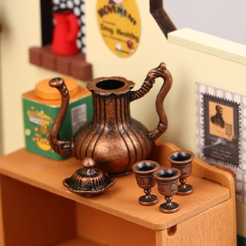 1Set 1:12 Dollhouse Miniature Wine Set Wine Jug Teapot Mini Flagon W/Cup Tableware Model Decor Toy Doll House Accessories
