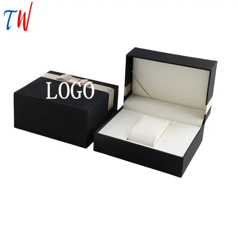 PU Leather Black Watch Case Large Box Gift Watch Box Rectangular Flip Watch Jewelry Bracelet Packaging Box Free Custom Logo