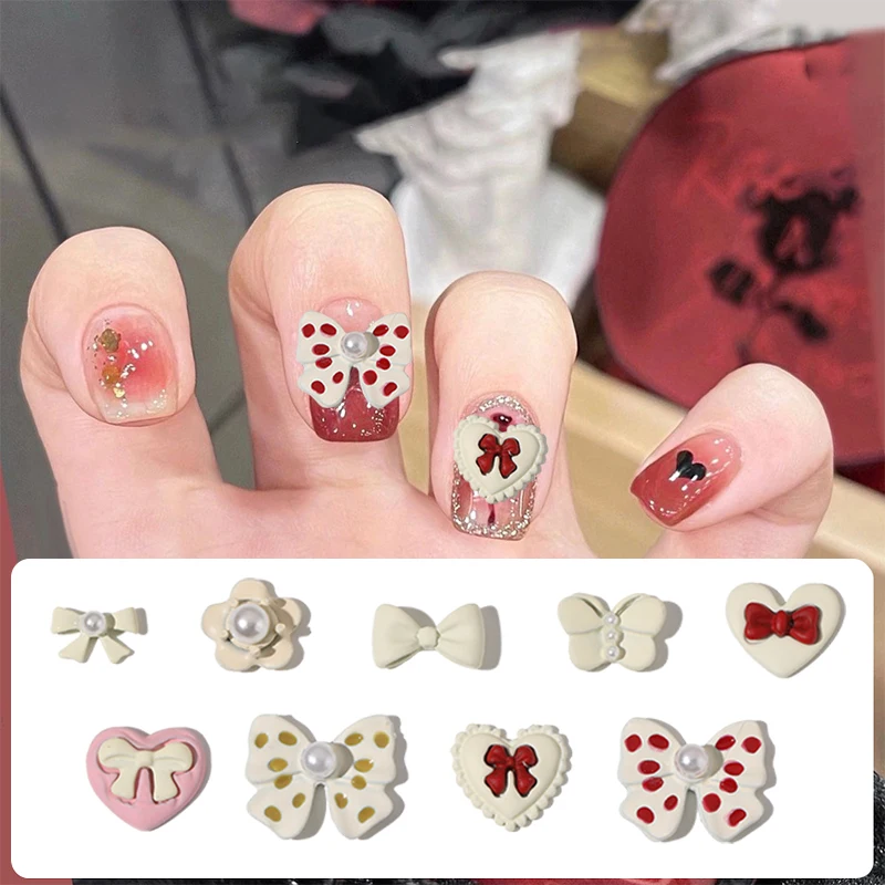 

5Pcs DIY Nail Art Decoration 3D Love Heart Butterfly Knot Polka Dots Pearl Nail Design Accessories