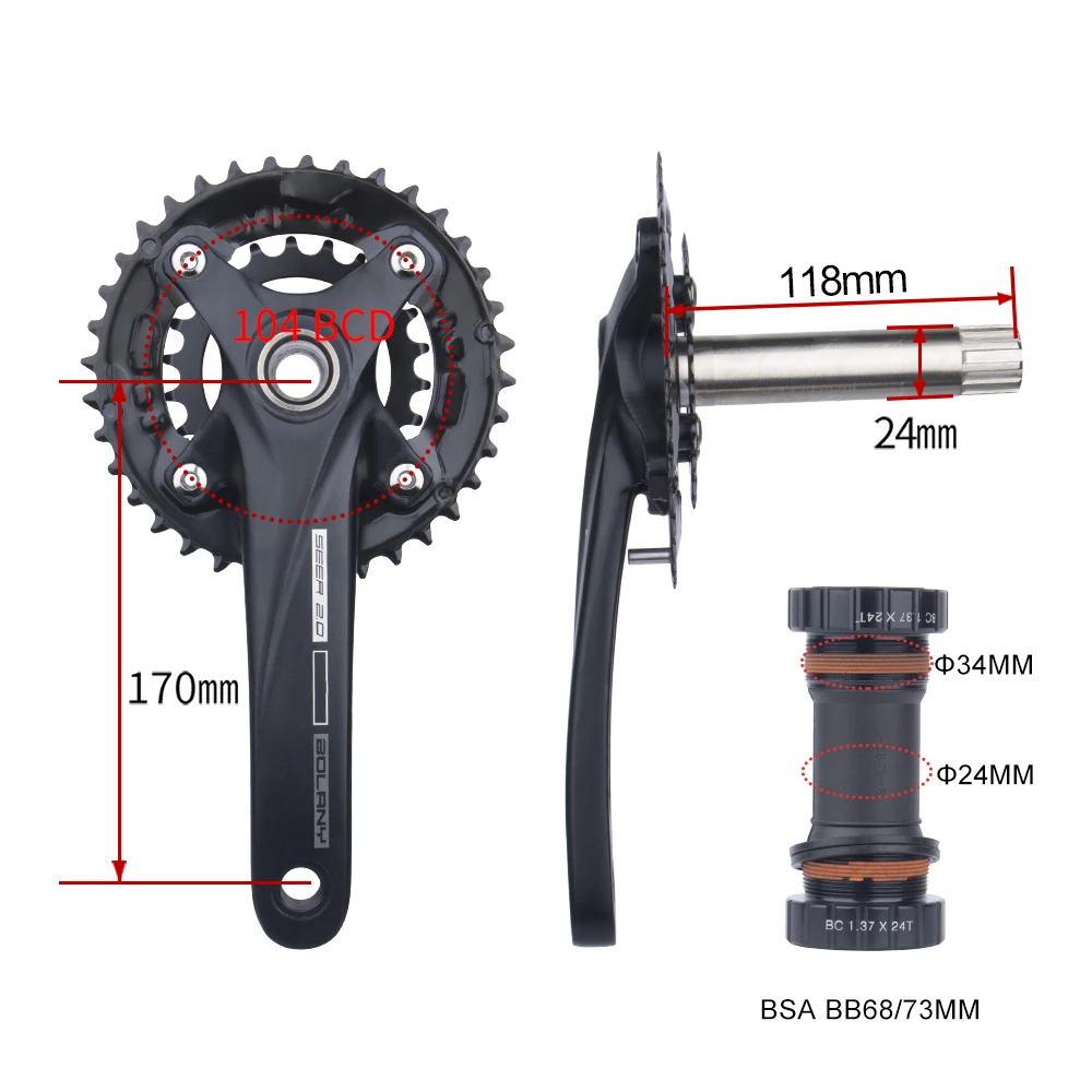 Bolany MTB Bicycle Crankset 104BCD Hollow Crank 170mm Integrated Crank Chainring 22-36T/24-38T With Bottom Round Hole Crankset