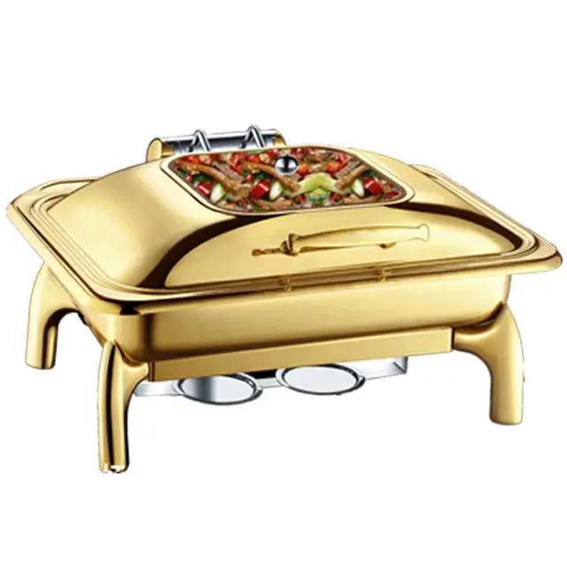 Factory Direct 2026 Gold Chaffing Dishes Glass Top Royal Food Warmer Commercial Buffet chaffing dish luxury for Hotel