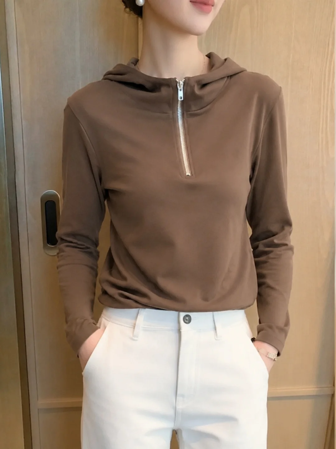 Chic Design Hooded T-Shirt Half Zipper Long Sleeve Oversized Top Korean Style Commute Fashion Pure Color Autumn New Arrival