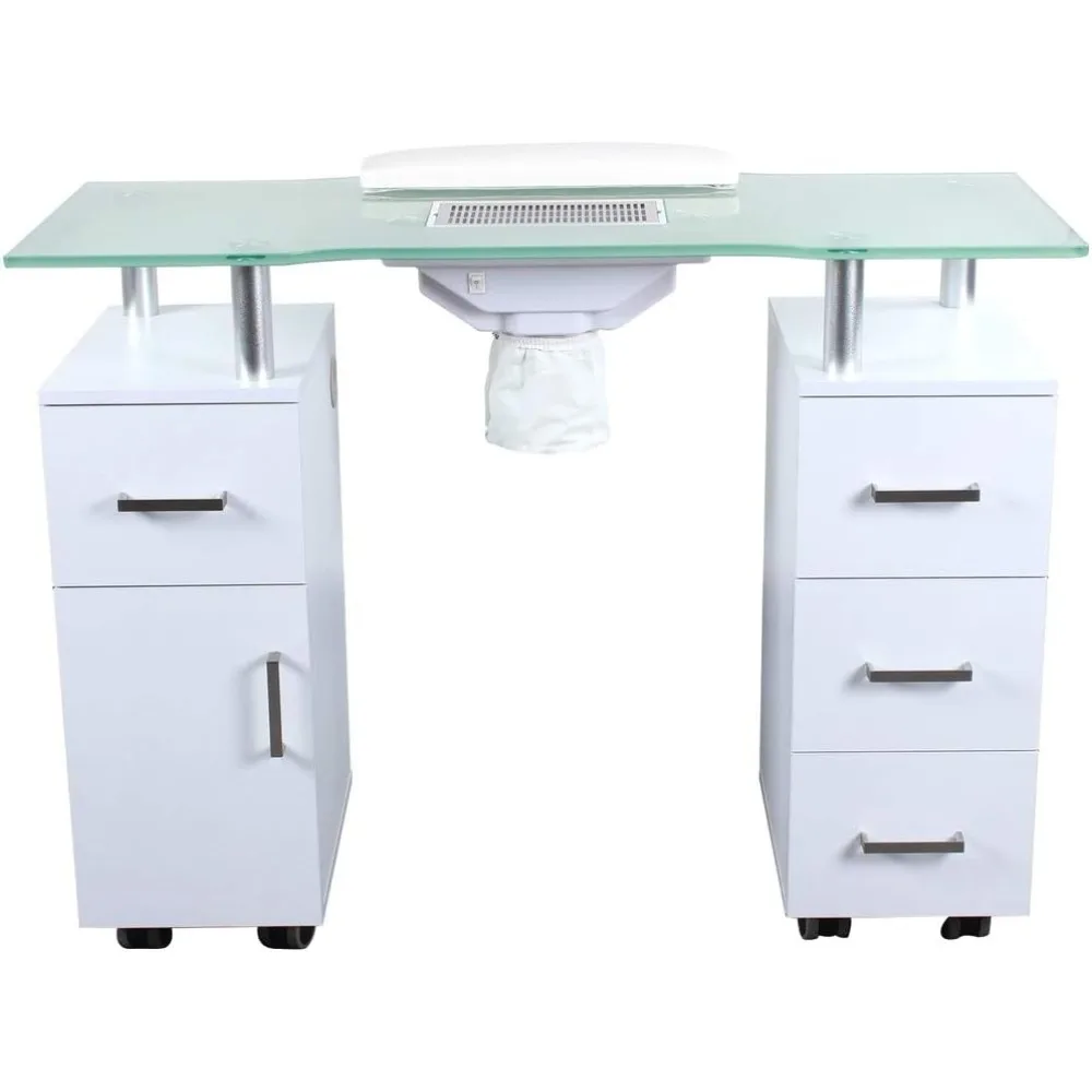 Manicure Table GLASS GLOW WHITE Nail Table Salon Furniture, Multiple compartments for storage,Manicure Table Built in Fan Vented