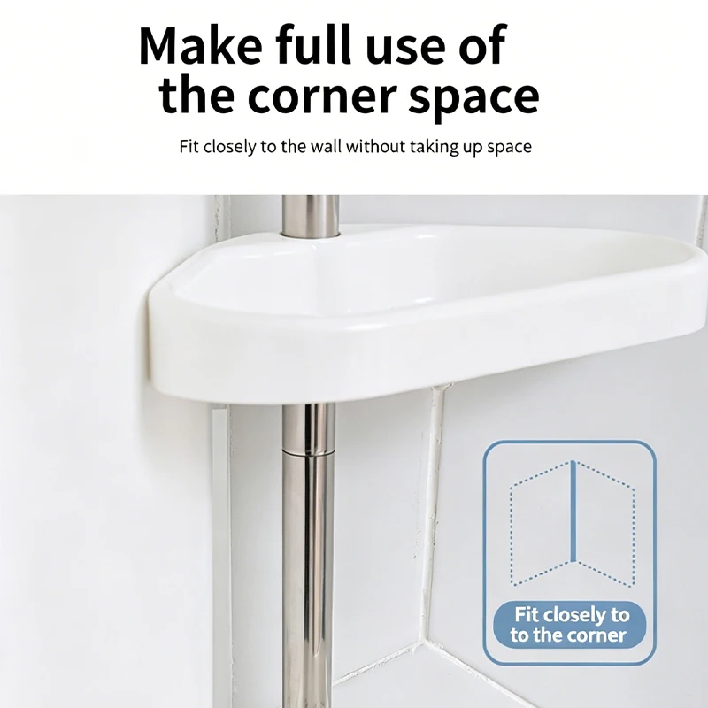 No Drill Tension Pole Bathroom Corner Shelf Adjustable Stainless Steel Shower Caddy with Drainage Tray for Toiletries Storage 5