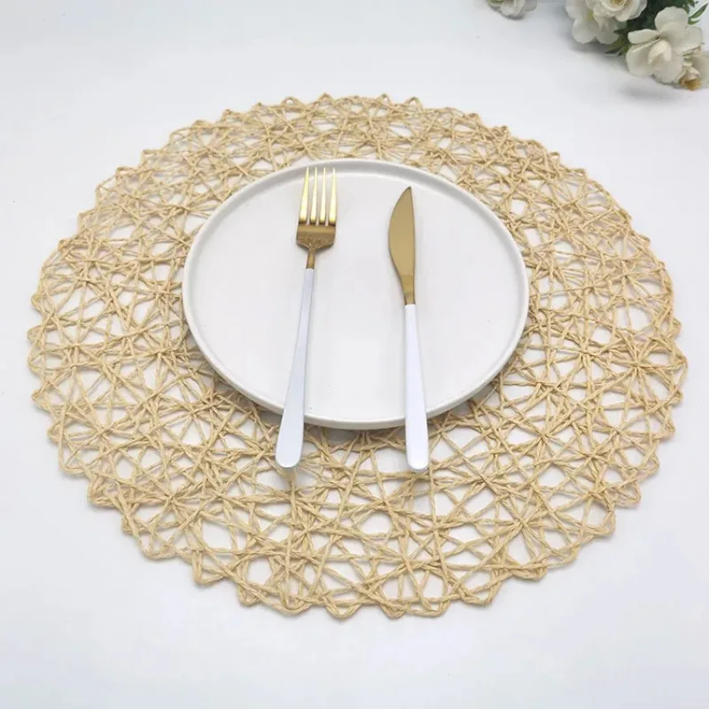 

Round Paper Woven Placemats Wood Heat Resistant Rattan Brown Paper Straw for Dining Party Wedding